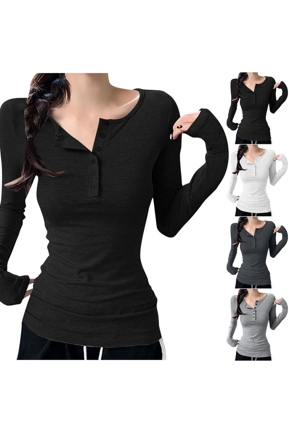 Women Basic Long Sleeve Undershirts Buttons Neck Pullover Lightweight Layered Tops Fall Clothes