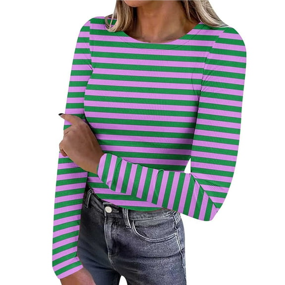 yillto Women Basic Striped Top Long Sleeve Slim Shirts Crew Neck Casual Tunic Blouse Ribbed Tight Tee