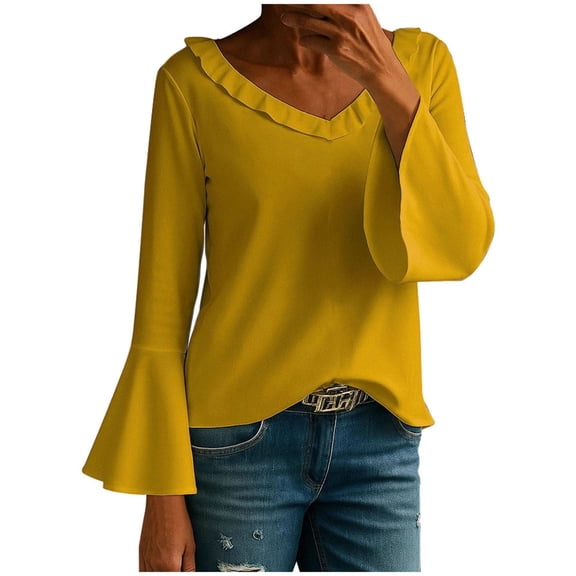 yillto Women Blouse Flare Long Sleeve Dressy Tops V Neck Ruffle Business Work Office Fashion Shirts