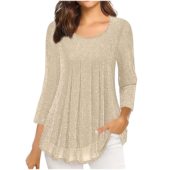 yillto Women Blouse Sequin Pleated Flowy Fashion Tops Long Sleeve Crewneck Loose Shirts for Party Prom