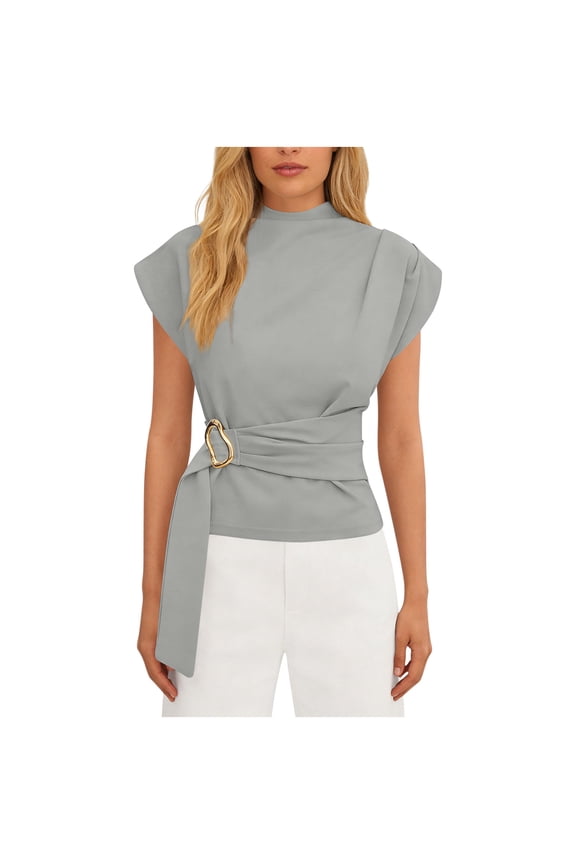 Women Blouses Dressy Cap Sleeve Mock Neck Tops Work Office Shirts Tunics Summer Business Casual Top