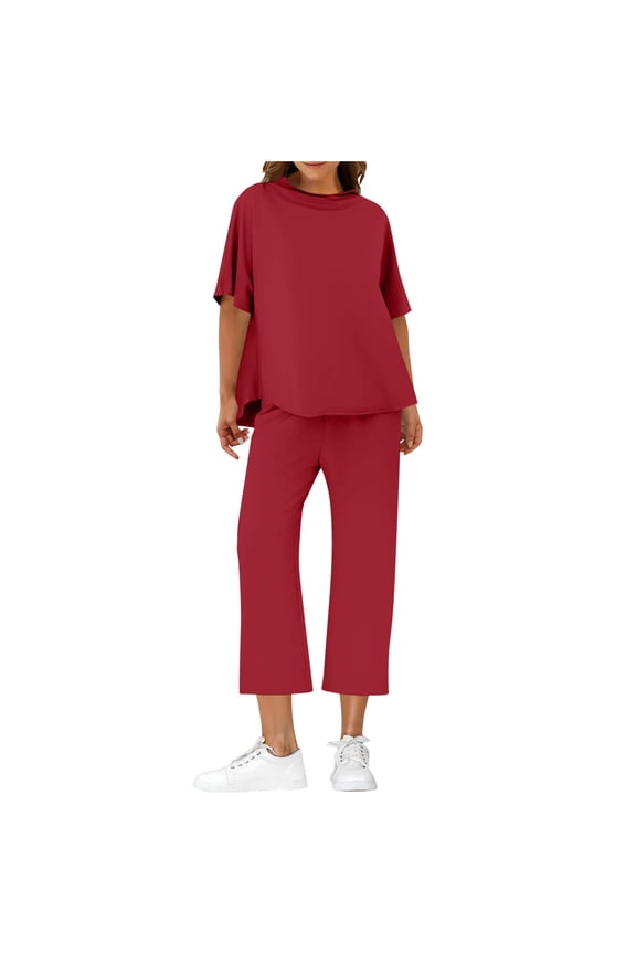 Women Capris Pant Sets Summer Lounge Set 2 Piece Short Sleeve Tops Wide Leg Cropped Pants