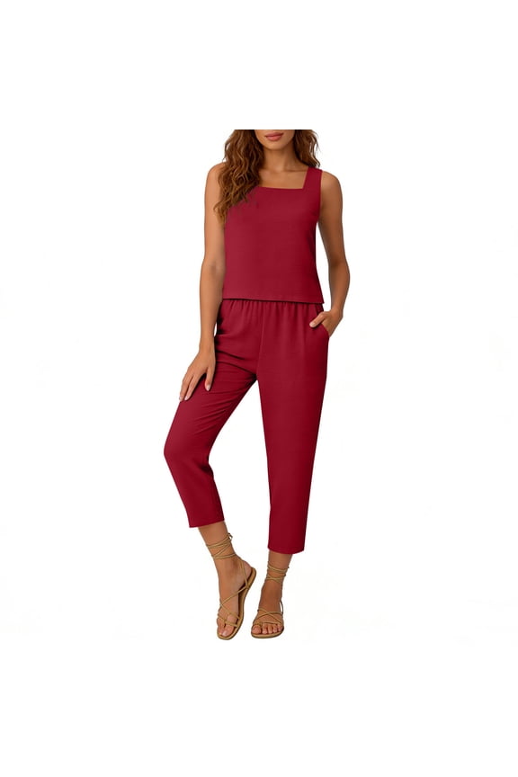 Women Capris Pant Sets Summer Lounge Set 2 Piece Short Sleeve Tops Wide Leg Cropped Pants