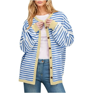 yillto Women Cardigan Striped Sweaters Button down Long Sleeve Crewneck Ribbed Knit Sweater Tops