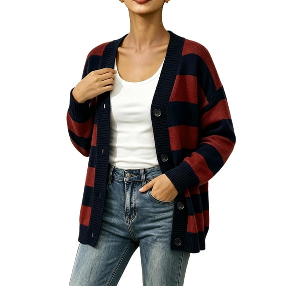 yillto Women Cardigan V Neck Button down Striped Sweater Knit Long Sleeve Loose Cardigans S-XXXL