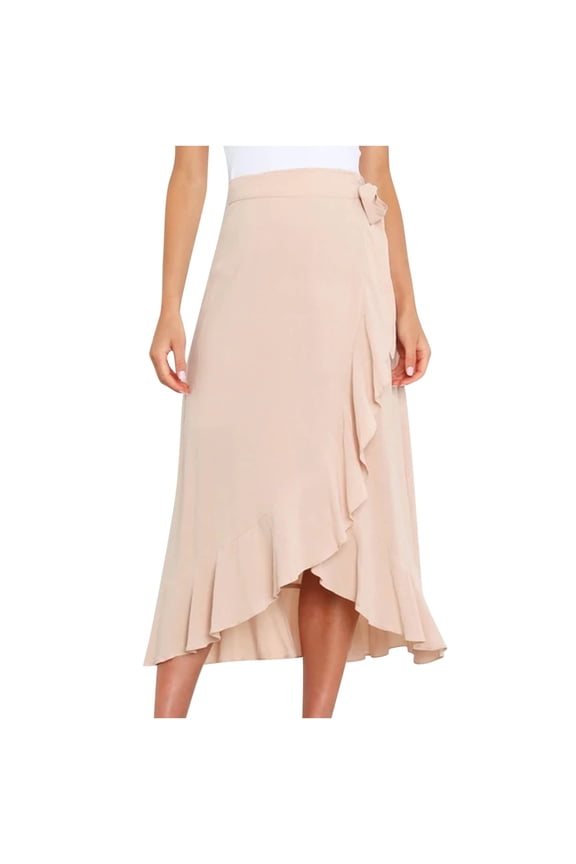 Women Chiffon Wrap Skirt High Waist Boho Asymmetrical Ruffle Hem Flowy Loose Midi Beach Skirts