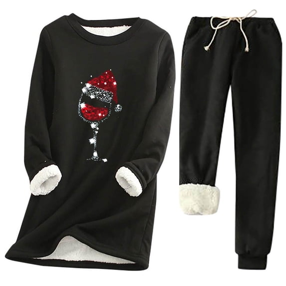 yillto Women Christmas Pajamas Set Plus Size Loungewear Thick Fleece Lined Tops and Long Pants S-5XL