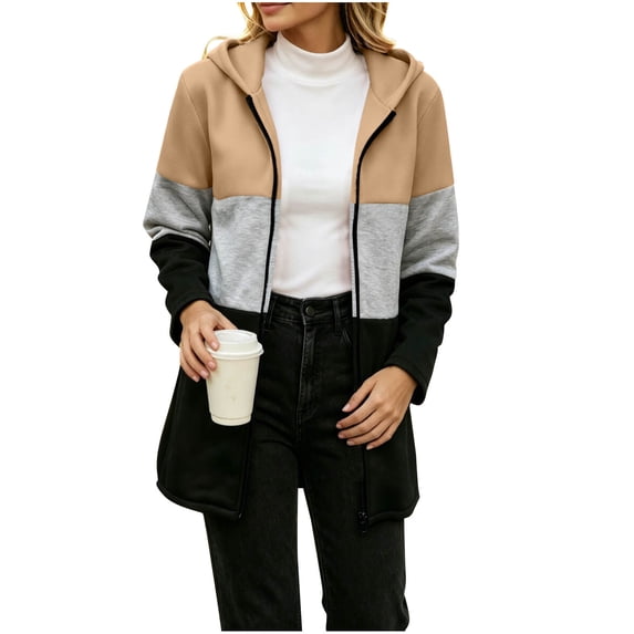 yillto Women Coat with Hooded Plus Size Zip up Casual Jackets Fall Trendy Color Block Loose Jacket