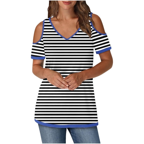 yillto Women Cold Shoulder Striped Tee Short Sleeve V Neck Tunic Blouse Tops Summer Fashion Loose Shirts