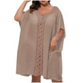thumbnail image 1 of yillto Women Cotton Linen Cover up Loose V Neck Short Sleeve Summer Beachwear Coverups for Womens, 1 of 4