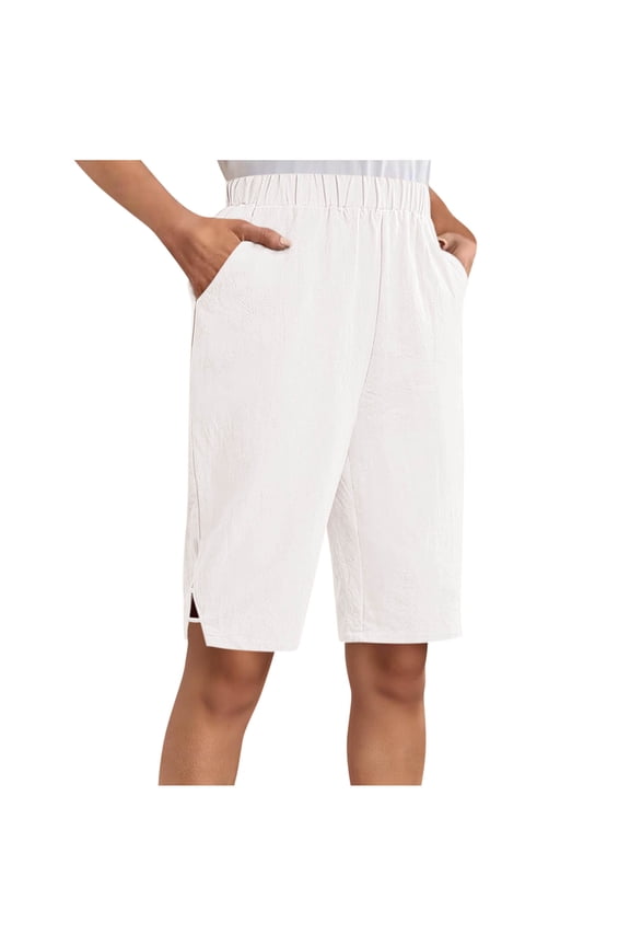 Women Cotton Linen Shorts Wide Leg Loose Cropped Capris Pant Elastic Waist Short Pants Trousers with Pockets