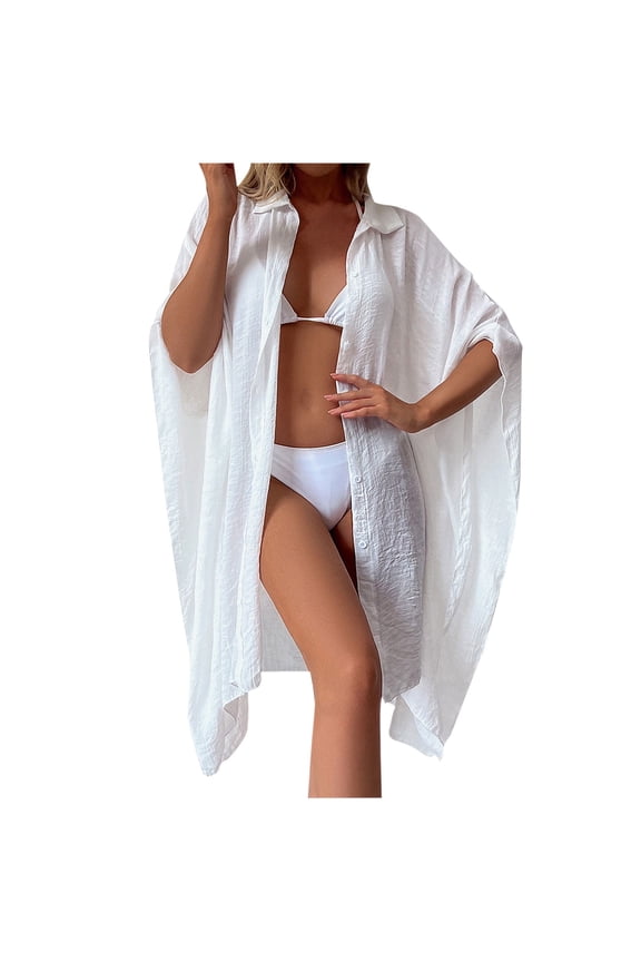 Women Coverups Long Sleeve Button down Cardigan Shirt Dress Summer Swimsuit Cover up for Womens