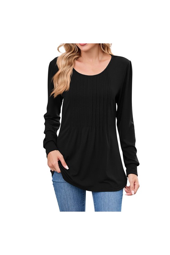 Women Crew Neck Blouse Long Sleeve Pleated Flowy Tunic Tops Casual Business Fall Trendy Fashion Clothes