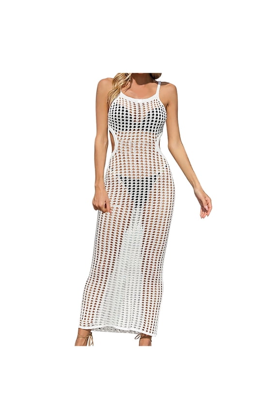 Women Crochet Dress Beachwear Sleeveless Tunic Long Tank Dresses Summer Swimwear Coverups