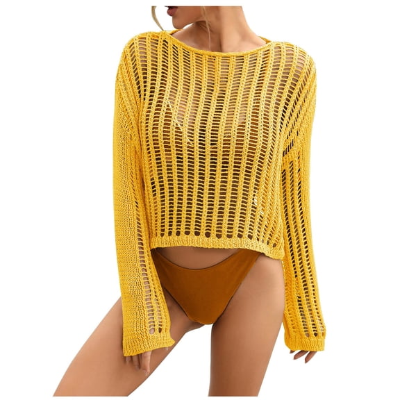 yillto Women Crop Cover up Crochet Long Sleeve Lightweight Beachwear Protection Bikini Knit Mesh Tops