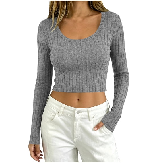 yillto Women Crop Sweaters Tops Ribbed Knit Lightweight Long Sleeve Soft Comfy Plain Tops Clothes