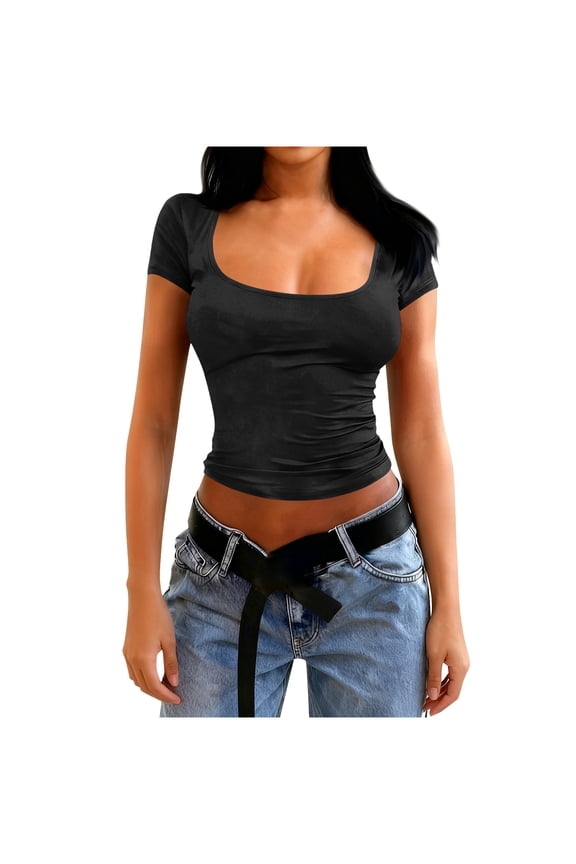 Women Crop Tight Shirts Square Neck Short Sleeve Slim Tee Going out Spring Summer Tops Tshirts