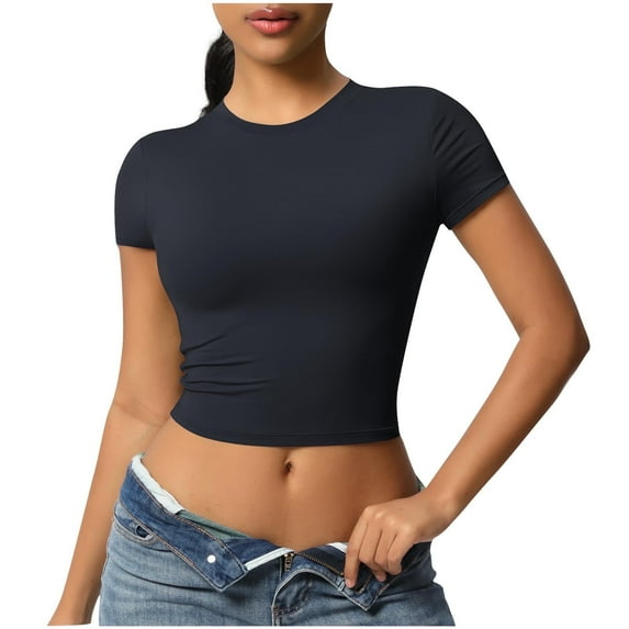 yillto Women Cropped Short Sleeve Shirt Yoga Workout Tee for Womens Athletic Running Gym Basic Tshirts