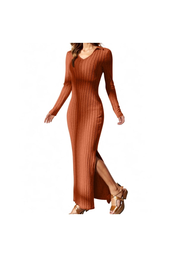 Women Fall Dress Ribbed Knit V Neck Long Sleeve Maxi Slim Fitting Sweater Bodycon Dresses