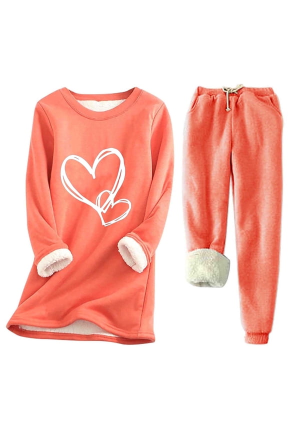 Women Fleece Pjs Set 2 Piece Lounge Outfits Thick Fleece Sweatshirt Winter Velvet Warm Underwear Top and Pants Sherpa Lined Cozy Loungewear