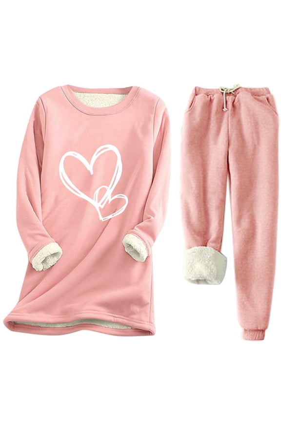 Women Fleece Pjs Set 2 Piece Lounge Outfits Thick Fleece Sweatshirt Winter Velvet Warm Underwear Top and Pants Sherpa Lined Cozy Loungewear