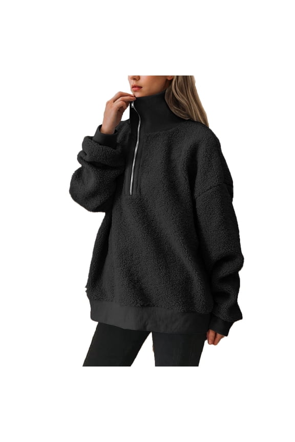 Women Fleece Sweatshirts Sherpa Fuzzy Tops Quarter Zipper Stand Collar Pullover Thick Sweatshirt
