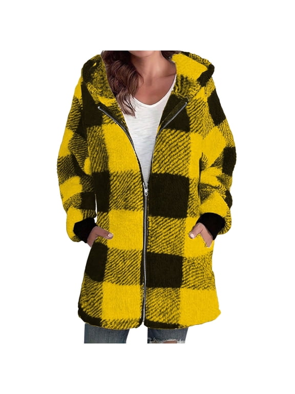 Women Fleece Zip up Jackets Plaid Fuzzy Sherpa Hoodie Oversized Fall Winter Thick Warm Coats