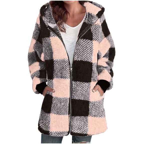 yillto Women Fleece Zip up Jackets Plaid Fuzzy Sherpa Hoodie Oversized Fall Winter Thick Warm Coats