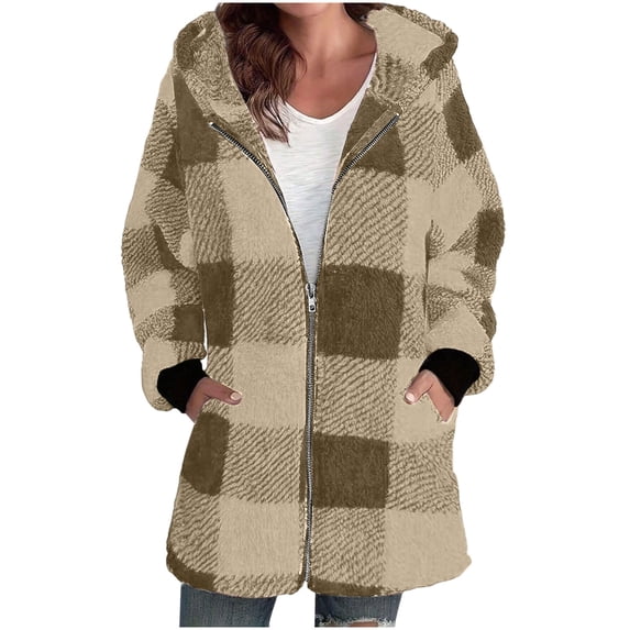 yillto Women Fleece Zip up Jackets Plaid Fuzzy Sherpa Hoodie Oversized Fall Winter Thick Warm Coats