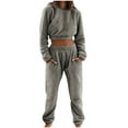 thumbnail image 1 of yillto Women Fuzzy Sets Fleece Hoodie Pullover Crop Sweatshirts and Thick Warm Lounge Pants 2 Piece, 1 of 6