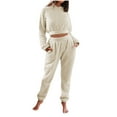 thumbnail image 1 of yillto Women Fuzzy Sets Fleece Hoodie Pullover Crop Sweatshirts and Thick Warm Lounge Pants 2 Piece, 1 of 6