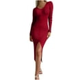 thumbnail image 1 of yillto Women Knit Dress Split Long Sleeve Ruched Slim Midi Dresses High Waist Ribbed Formal Outfits, 1 of 6