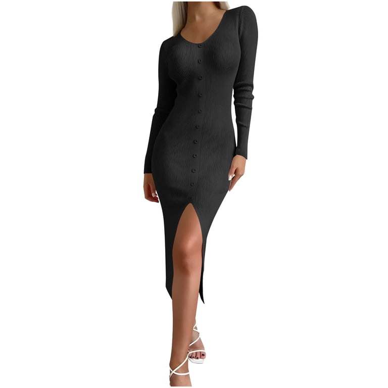 Yillto Women Knit Dress Split Long Sleeve Ruched Slim Midi Dresses High Waist Ribbed Formal Outfits, Women's, Size: Small, Black