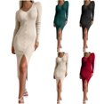 thumbnail image 1 of yillto Women Knit Dress Split Long Sleeve Ruched Slim Midi Dresses High Waist Ribbed Formal Outfits, 1 of 7