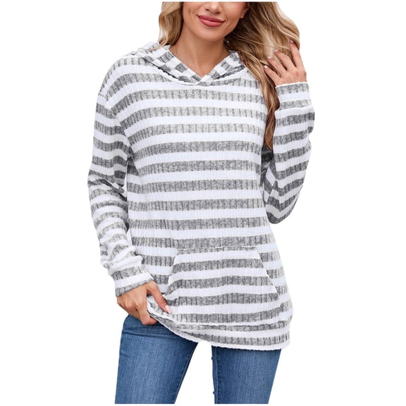 yillto Women Knit Hoodie Sweatshirt Pullover Striped Fashion Fuzzy Fall Winter Casual Tops with Pockets