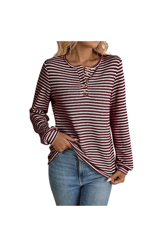 Women Long Sleeve Top Textured Knitted V Neck Blouse Casual Trendy Solid Color Loose Shirts