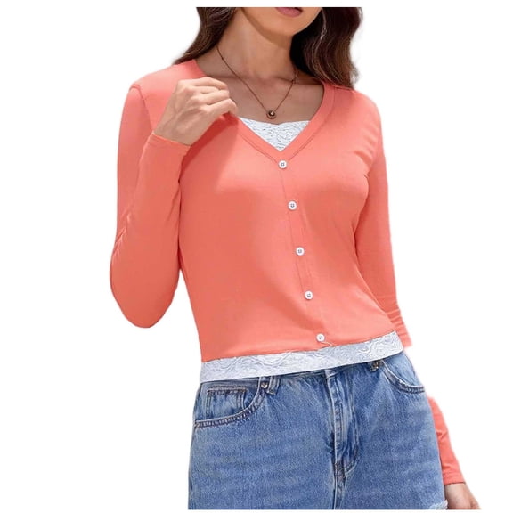 yillto Women Long Sleeve Undershirt Buttons Trim V Neck Pullover Slim Tops Casual Soft Tshirts Outfits