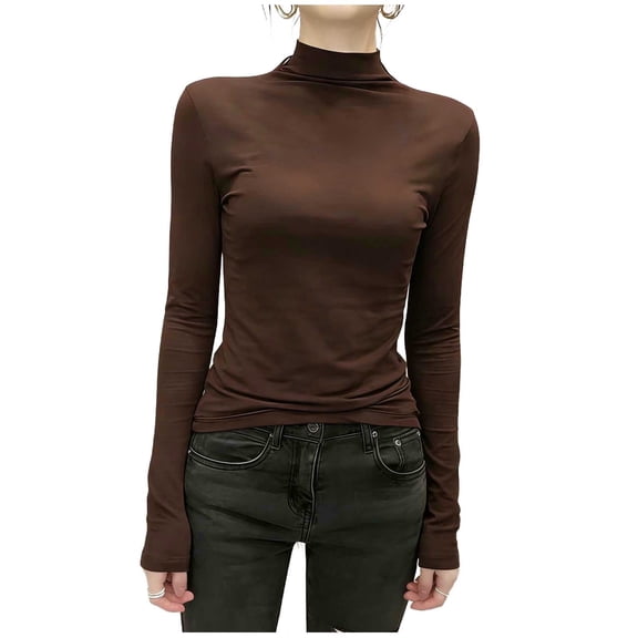 yillto Women Long Sleeve Undershirts Mock Neck Pullover Shirt Solid Color Slim Lightweight Base Layered Tops