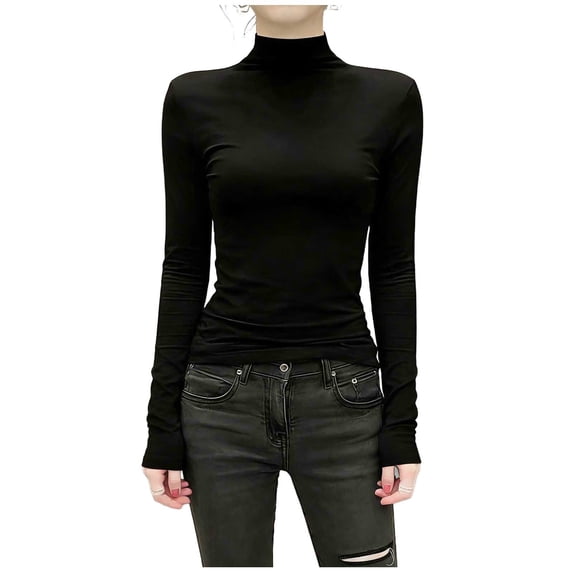 yillto Women Long Sleeve Undershirts Mock Neck Pullover Shirt Solid Color Slim Lightweight Base Layered Tops