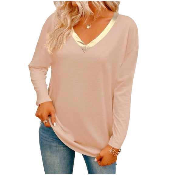 yillto Women Loose Tops Long Sleeve Casual Shirts V Neck Solid Color Tunic Blouse Fall Spring Outfits