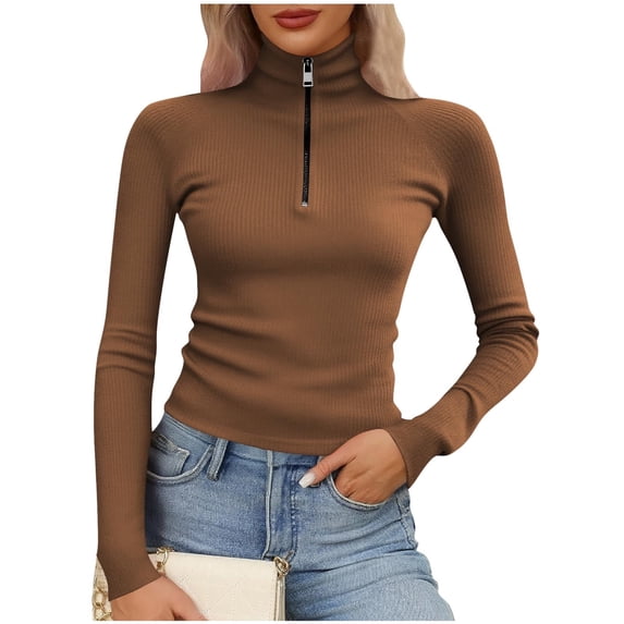yillto Women Mock Neck Tops Quarter Zipper Pullover Long Sleeve Ribbed Shirts Fall Collared Sweaters