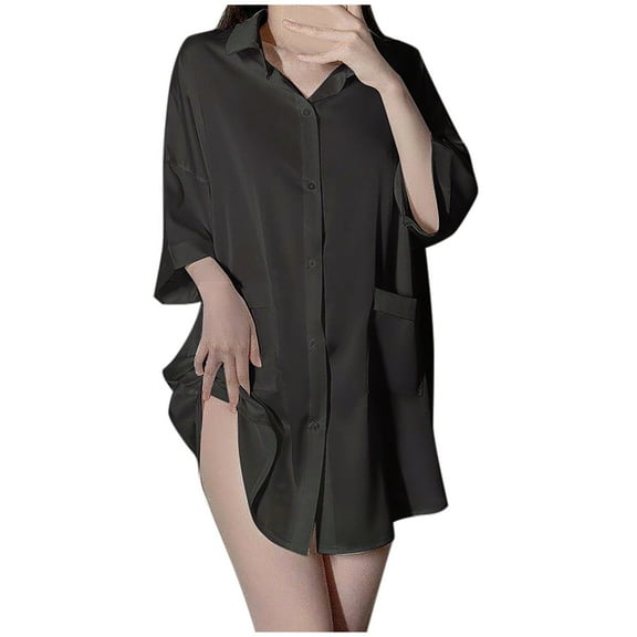 yillto Women Nightshirts Button down Long Sleeve Sleepwear Shirts Swimsuit Cover up Soft Pajama Tops