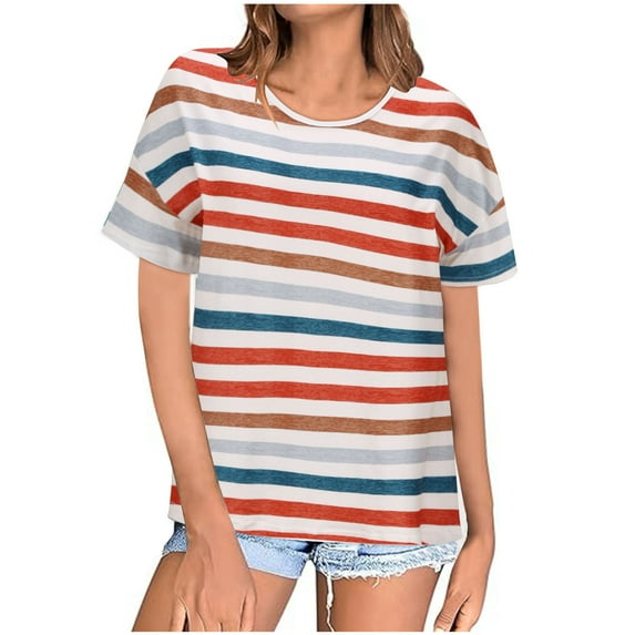 yillto Women Oversized T Shirt Summer Casual Short Sleeve Crewneck Striped Color Block Loose Tee Tops