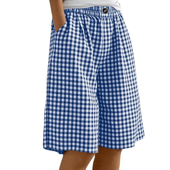 yillto Women Plaid Long Shorts Wide Leg Baggy 5 Inch Knee Length Elastic Waist Shorts with Pockets