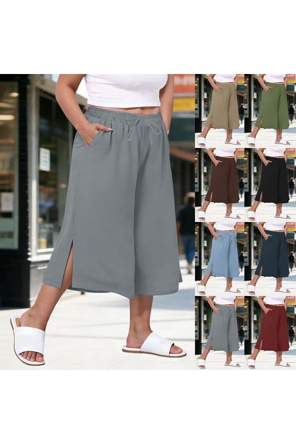 Women Plus Size Capris with Pockets Wide Leg Palazzo Cropped Culottes Summer Casual Lounge Pants L-4XL