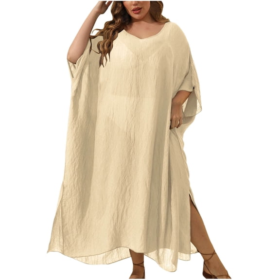 yillto Women Plus Size Coverups 3/4 Sleeve Lightweight Loose Long Dress Mesh Summer Beach Cover Up