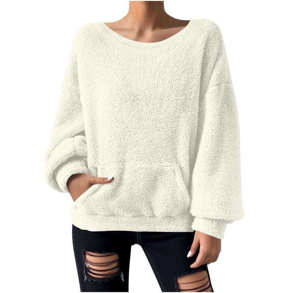 yillto Women Plus Size Fleece Sweatshirt Fuzzy Sherpa Crewneck Pullover Long Sleeve Shirts with Pockets