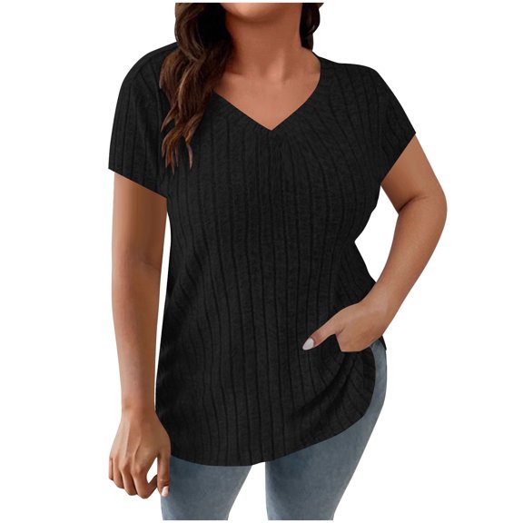 yillto Women Plus Size Ribbed Knit Short Sleeve Tops V Neck Loose Tops Summer Casual Lightweight Shirts