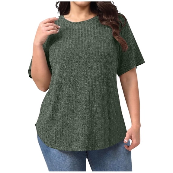 yillto Women Plus Size Short Sleeve Blouse Ribbed Loose Tops Summer Lightweight Knit Sweaters XL-5XL