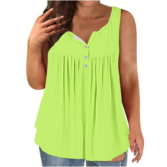 yillto Women Plus Size Tank V Neck Buttons Pleated Sleeveless Blouse Flowy Summer Tee Tops L-4XL